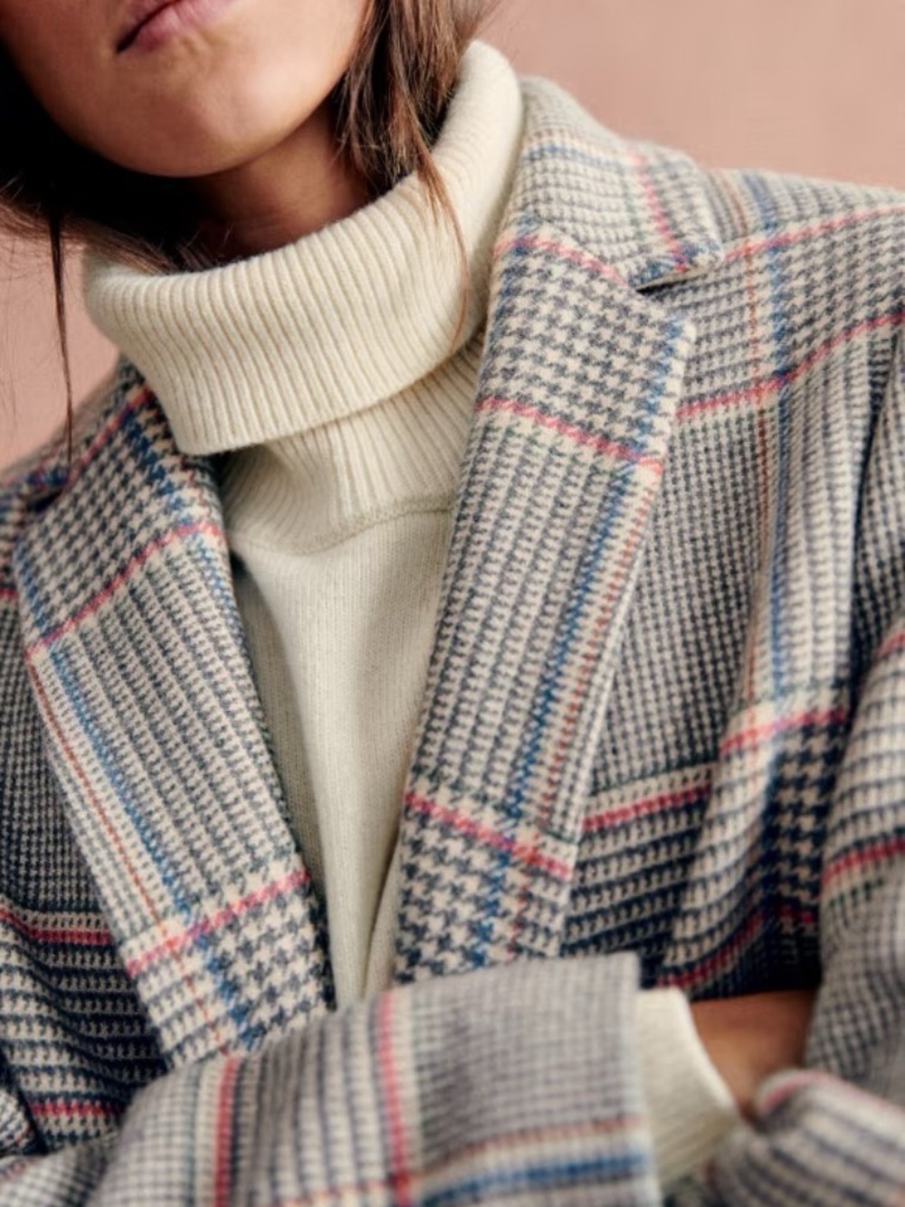 Sézane Johnson coat US 4 - Double-Breasted Plaid Coat - Gray with Pink Accents - Picture 12 of 13